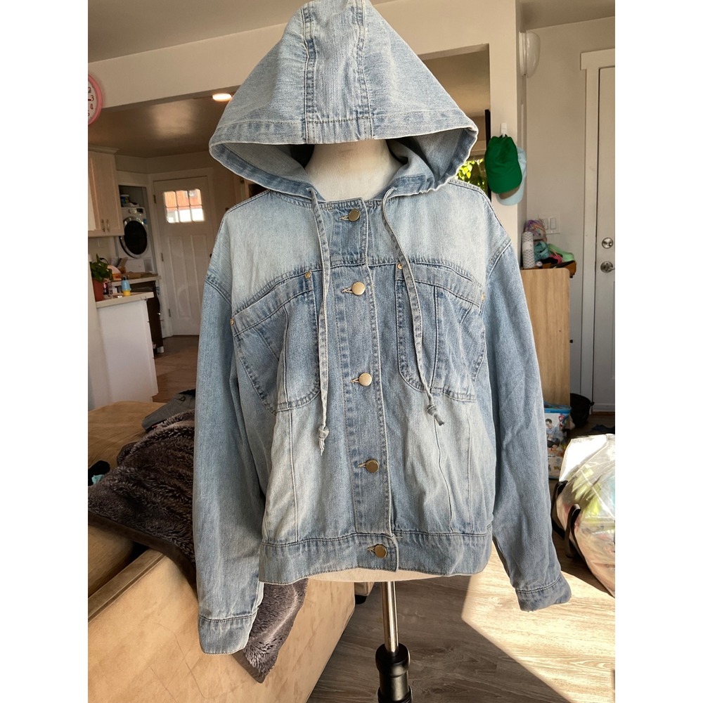 Democracy Light Wash Hooded Denim Jacket XL 100% Cotton 90s Normcore Streetwear